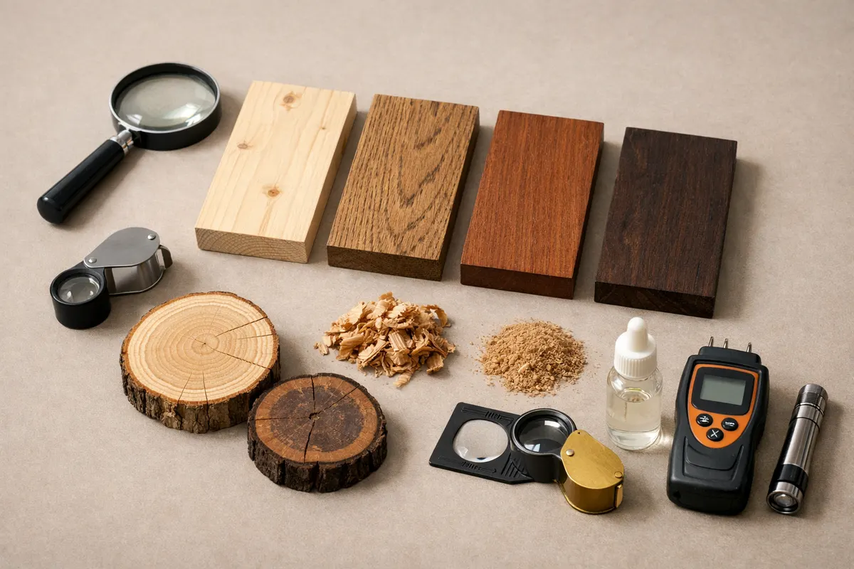 Wood Identifier - Wudora educational checklist showing visual identifying wood clues, lookalike warning labels, and verification steps
