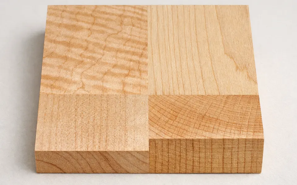 Close-up visual clues that help distinguish maple wood grain
