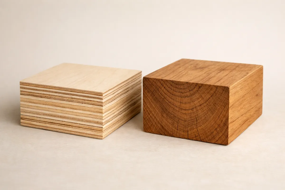 Editorial checklist image for plywood vs solid wood showing visible clues and comparison notes.