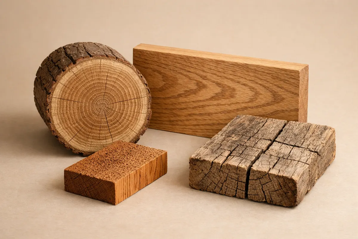 Wood Identifier - Wudora educational checklist showing pores, growth rings, end grain, surface grain, and lookalike checks