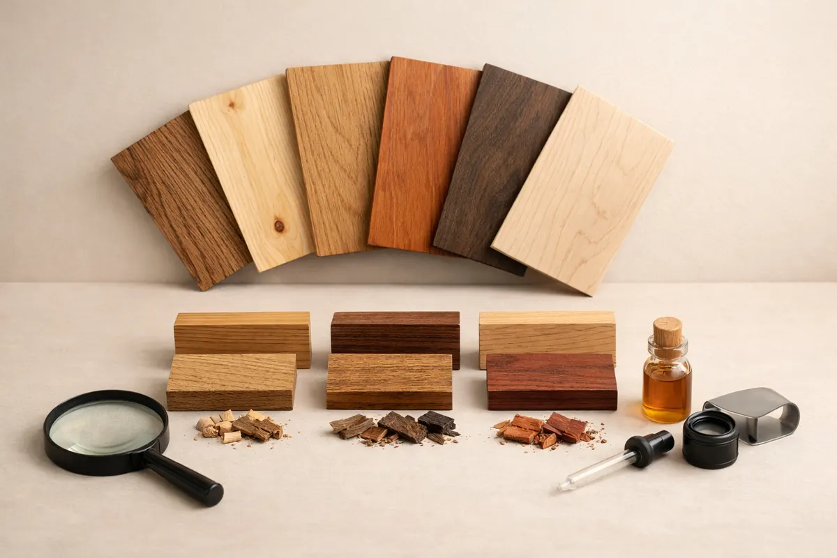 Wood Identifier - Wudora educational checklist showing visual wood types clues, lookalike warning labels, and verification steps