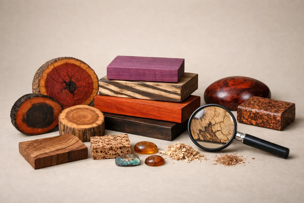 Editorial visual checklist for exotic wood identification with grouped clues and example details.