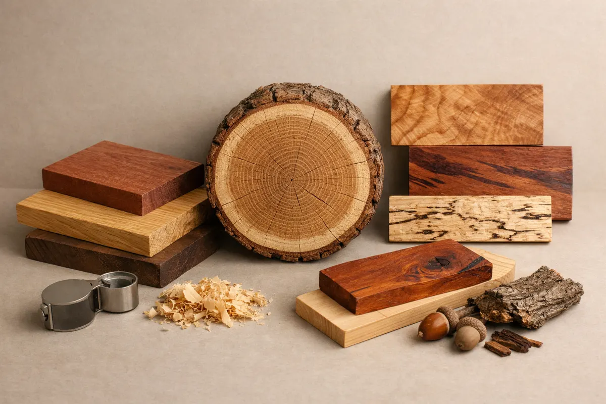 Editorial visual checklist for how to identify wood with grouped clues and example details.