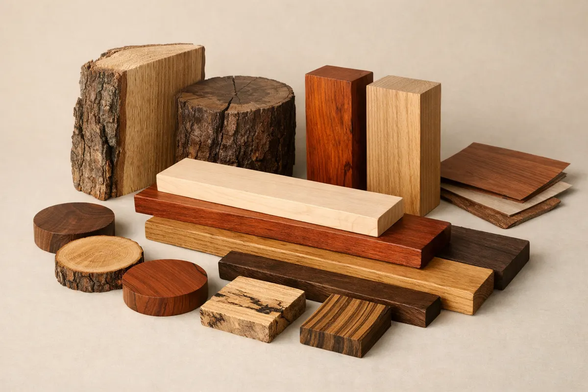 AI-generated arrangement of wood blocks, boards and cross-sections.