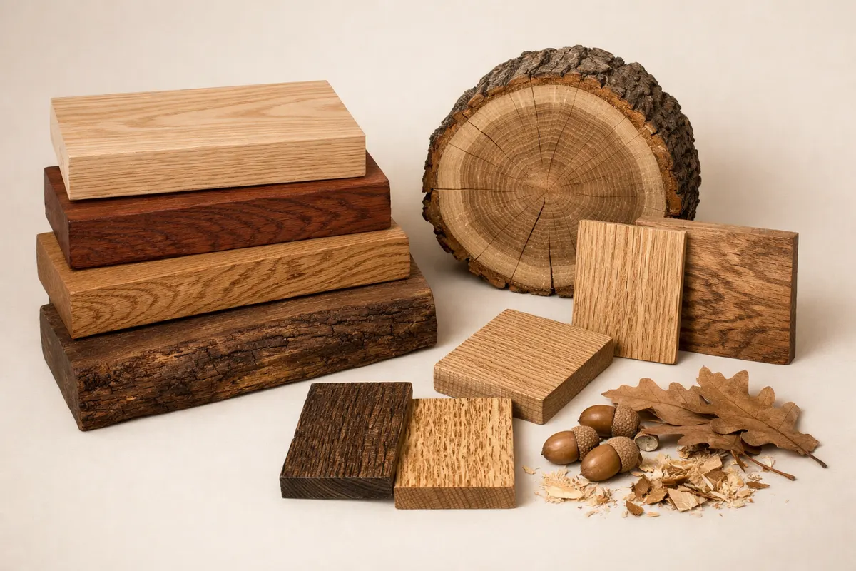 Editorial visual checklist for types of oak wood with grouped clues and example details.