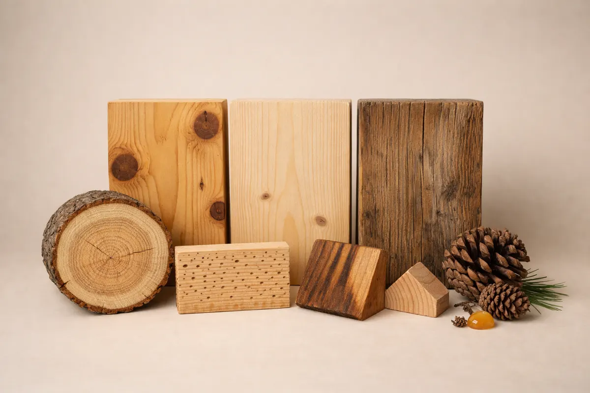 Editorial visual checklist for types of pine wood with grouped clues and example details.