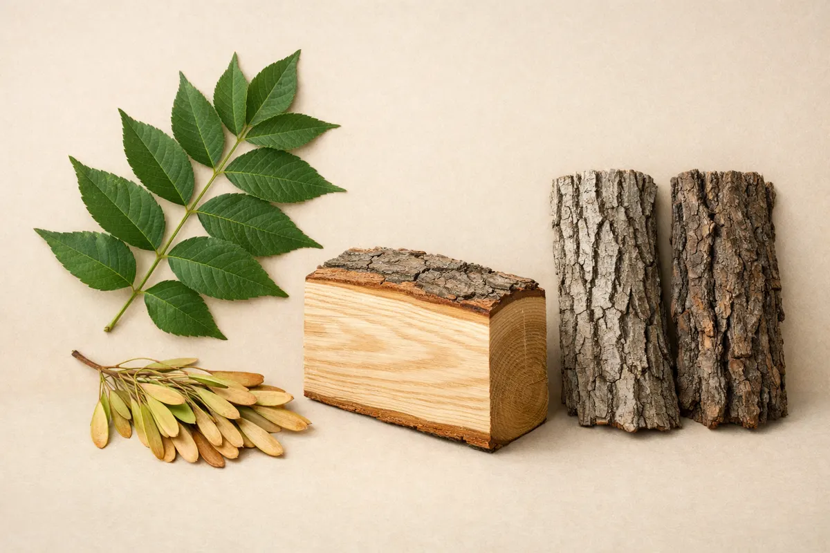 Encyclopedia-style reference visual for Ash with labeled recognition details and lookalike cues.