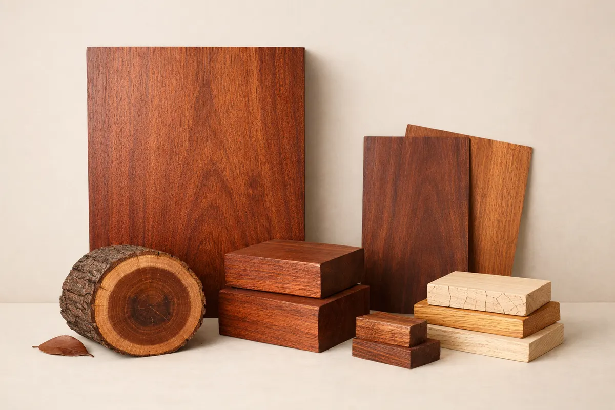Encyclopedia-style reference visual for Mahogany with labeled recognition details and lookalike cues.