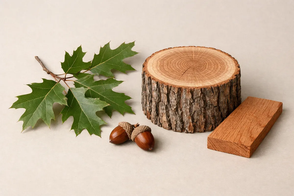 Encyclopedia-style reference visual for Red Oak with labeled recognition details and lookalike cues.