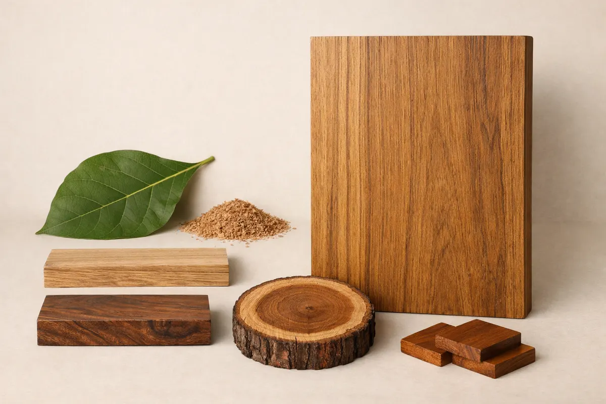Encyclopedia-style reference visual for Teak with labeled recognition details and lookalike cues.