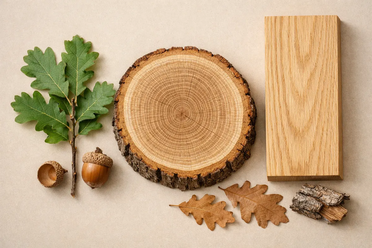 Encyclopedia-style reference visual for White Oak with labeled recognition details and lookalike cues.